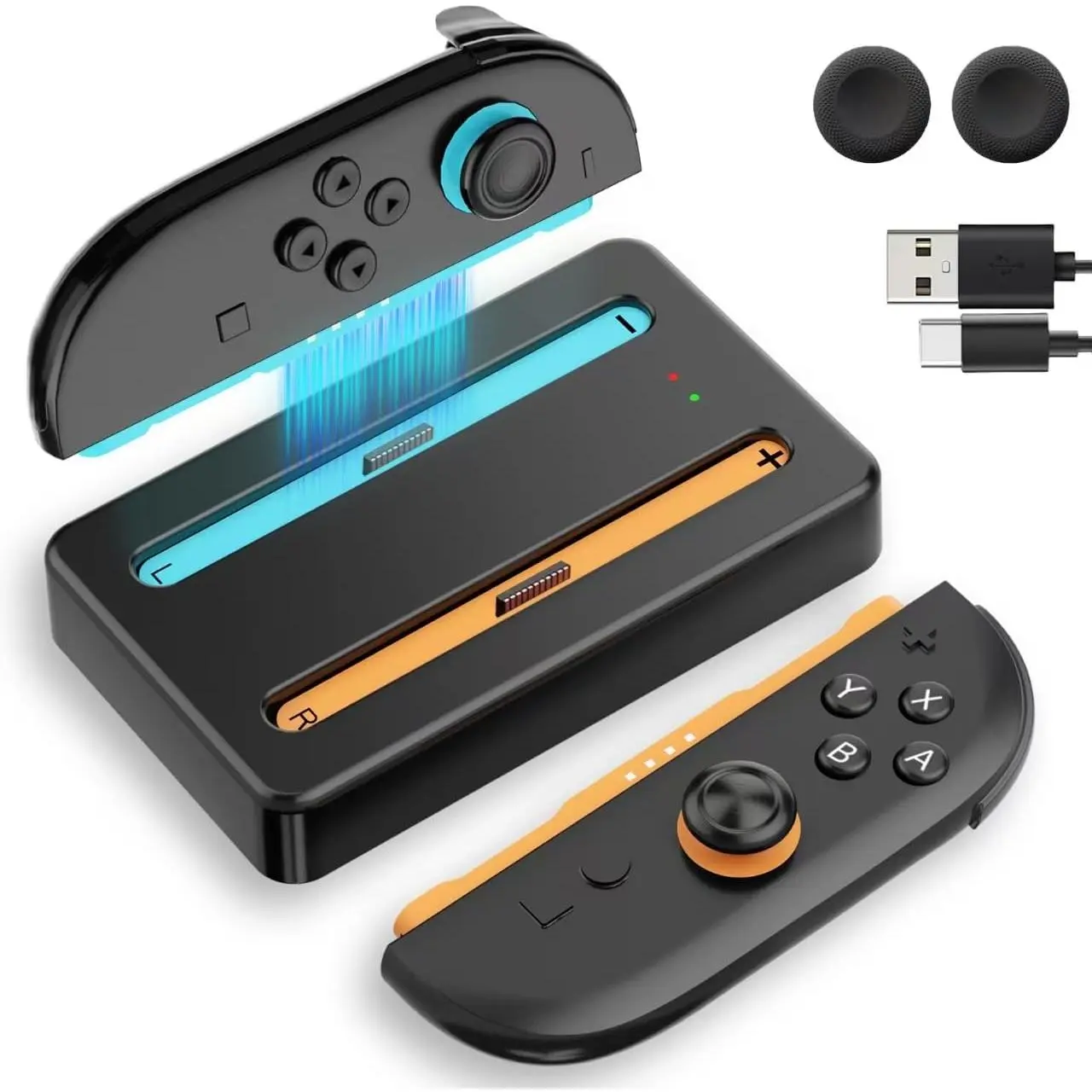 Dock for   2 Joycon Charger, Controller  Station with LED ,  Joy Con Charger Stand with Thumb Grips Joystick Caps, Black Gaming Accessories