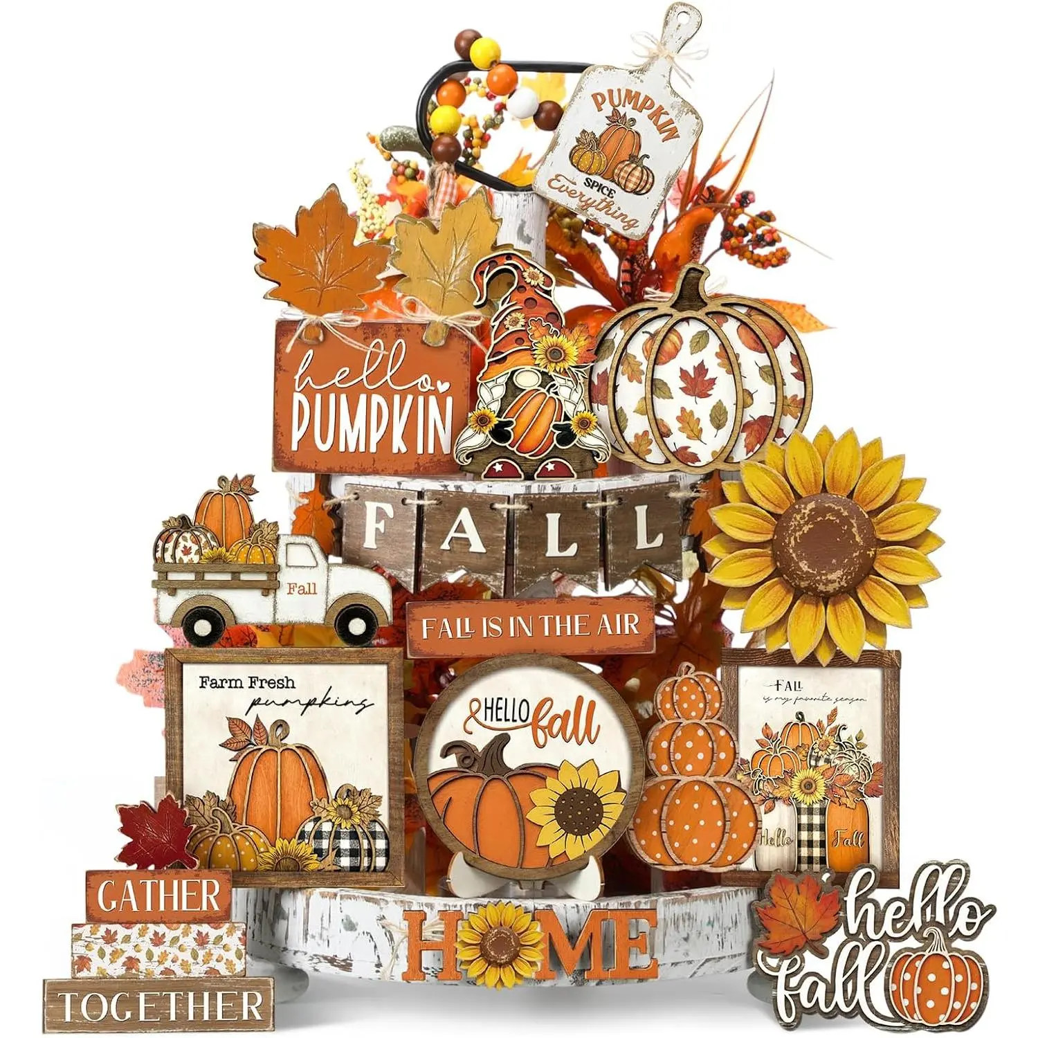 21pcs Fall Tiered Tray Decor Set Hello Fall Thanksgiving Wood Sign Pumpkin Sunflower Gnome Farm Truck Wood Bead Garland Rustic Farmhouse Table Centerpieces for Autumn Harvest Home Kitchen Decor