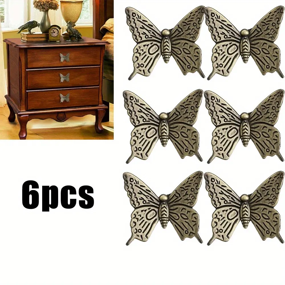 6pcs sets Vintage Butterfly Cupboard Door Knobs, Antique Bronze Drawer Pulls Retro Decorative Cabinet Handle Knobs for Dresser Drawer Cabinet Closet