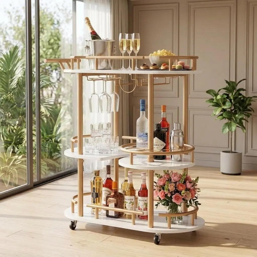 3-Tier Serving Cart with Wine Rack and Glass Holder, Metal rolling cart with built-in wine & glass organizer, ideal for coffee station, mini bar, dining room - Gold+White/Silver+White/Black+Brown