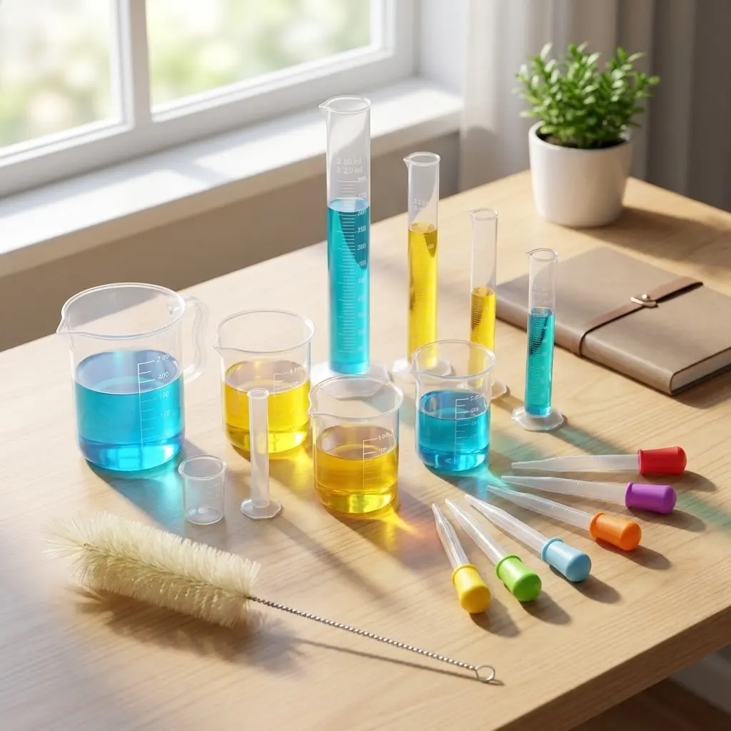 Measuring Cup Set, 5 Plastic Graduated Cylinders 10ML-250ML, 5 Plastic Beakers 50ML-1000ML, Transparent & Colorful Droppers, Brush Included