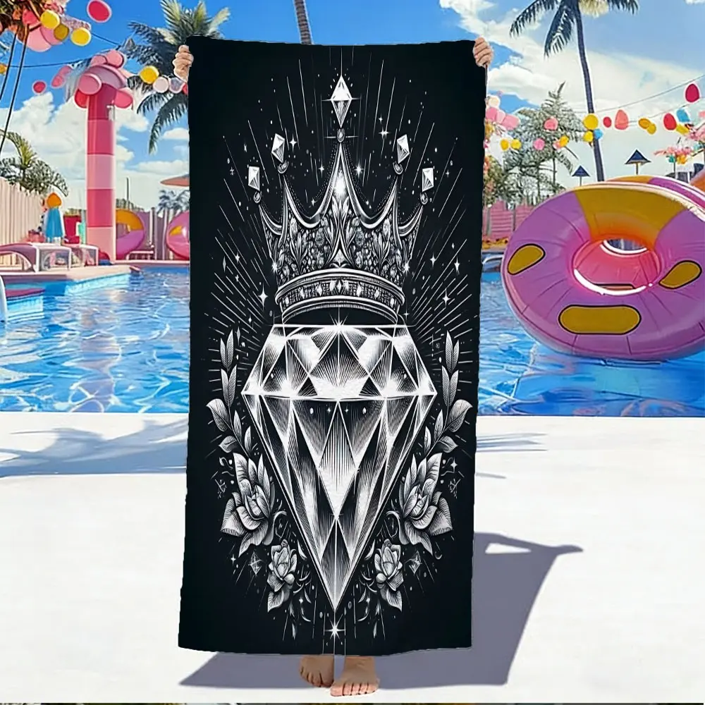 Stunning Diamond Crown Pattern Beach Towel, Digital Print, Vibrant Contrast, Soft Fabric, Absorbent Breathable Towel, Perfect for Summer Outings, Poolside Relaxation, Elegant Gift for Her Also be Used Pool Towel, Camping Towel or Bath Towel Blanket