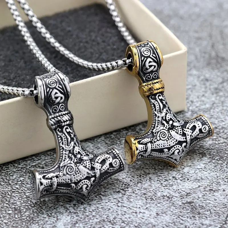 Unisex Vintage Titanium Steel Thor's Hammer Pendant Necklace - 60cm, Mythological Nordic Style, Retro Look, Daily Use Fashion Costume Jewelry Gift