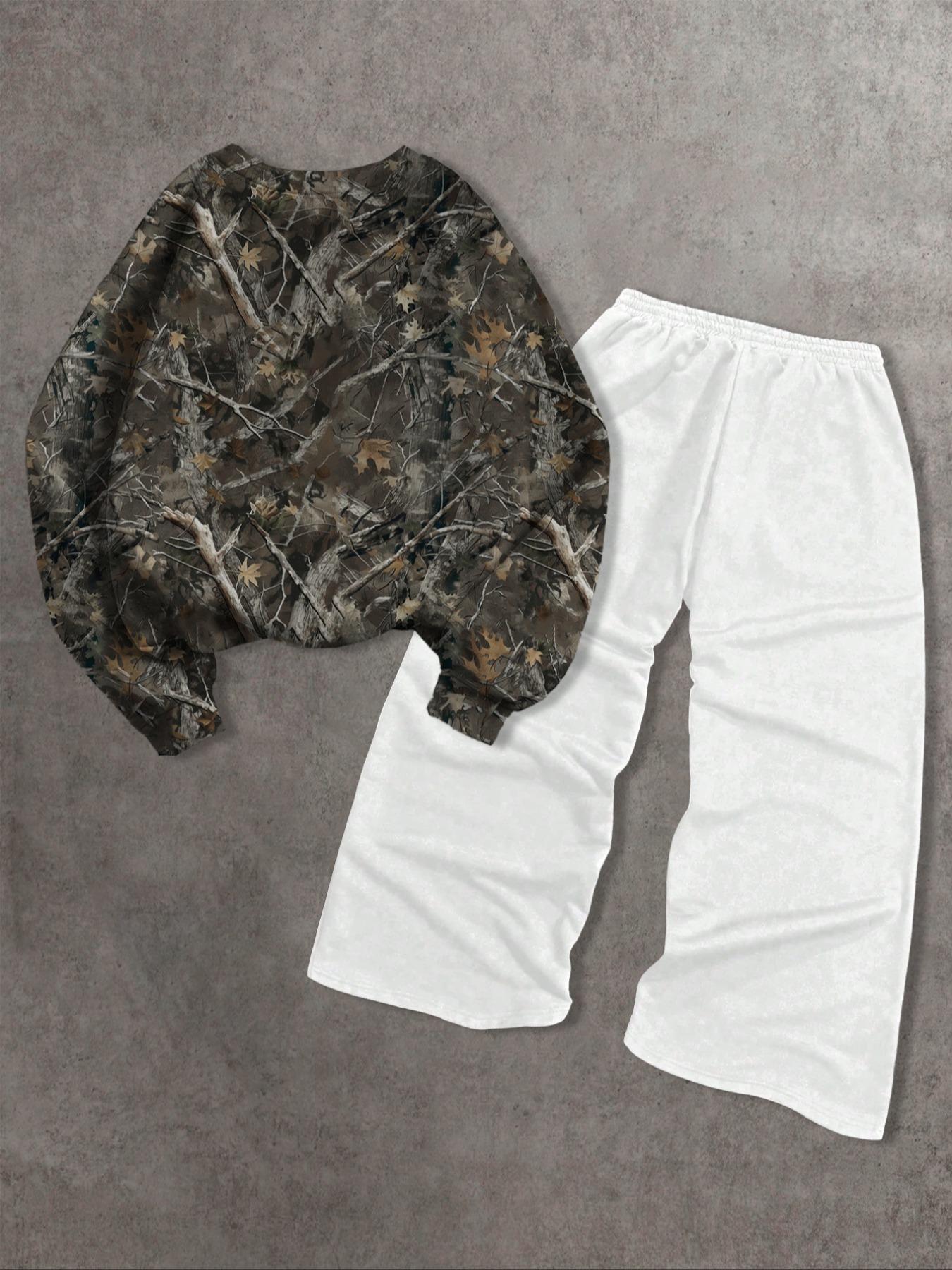 Two-piece Set Men's Branch Print Drop Shoulder Sweatshirt & Striped Print Wide Leg Pants, Regular Fit Casual Fashion Cozy Round Neck Long Sleeve Pullover & Elastic Waist Trousers for Daily Wear, Men's Outfits for Fall & Winter