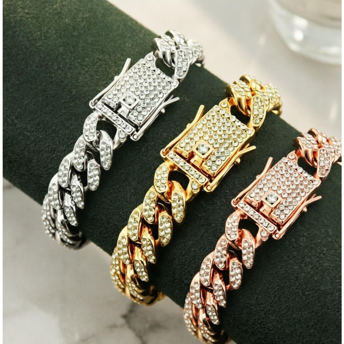Hip Hop Shiny Moissanite Cuban Link Chain Bracelets for Women Men, Gold Color Punk Wristband Jewelry Gift, Trendy Luxury Style Popular