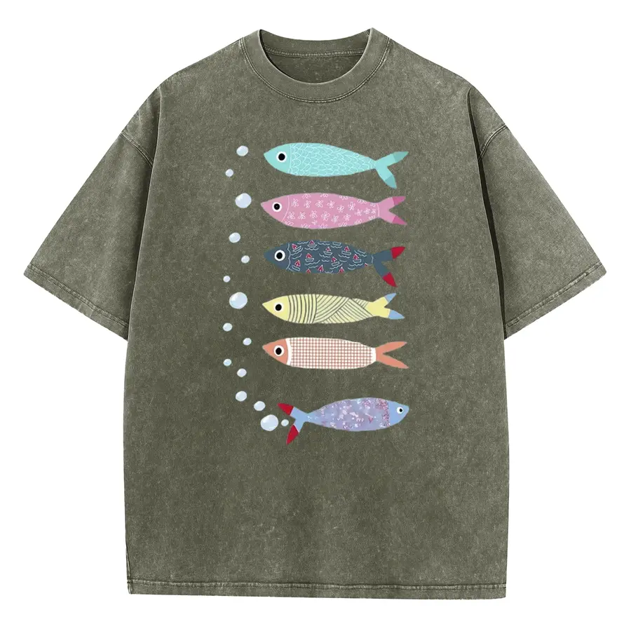 Women's Holafish Cartoon Striped Fish Print Acid Wash Loose-Fit Long Top - Ocean Style Short Sleeve Streetwear, All Seasons, Letter Graphic, Machine Wash Daily Tops, T-Shirt, T Shirts, Comfortable, Oversize, Piece, Casual