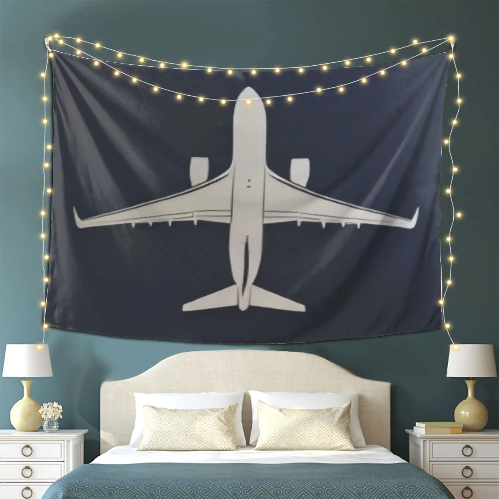 Tapestry of Airplane Wings on a Dark Blue Background with Clouds. Suitable for Home, Bedroom, Living Room, Office, and Dormitory Wall Decor. An Ideal Choice for Live Streaming Backdrops, Art Posters, and Bedroom Decoration. Home Decor, Art Tapestry