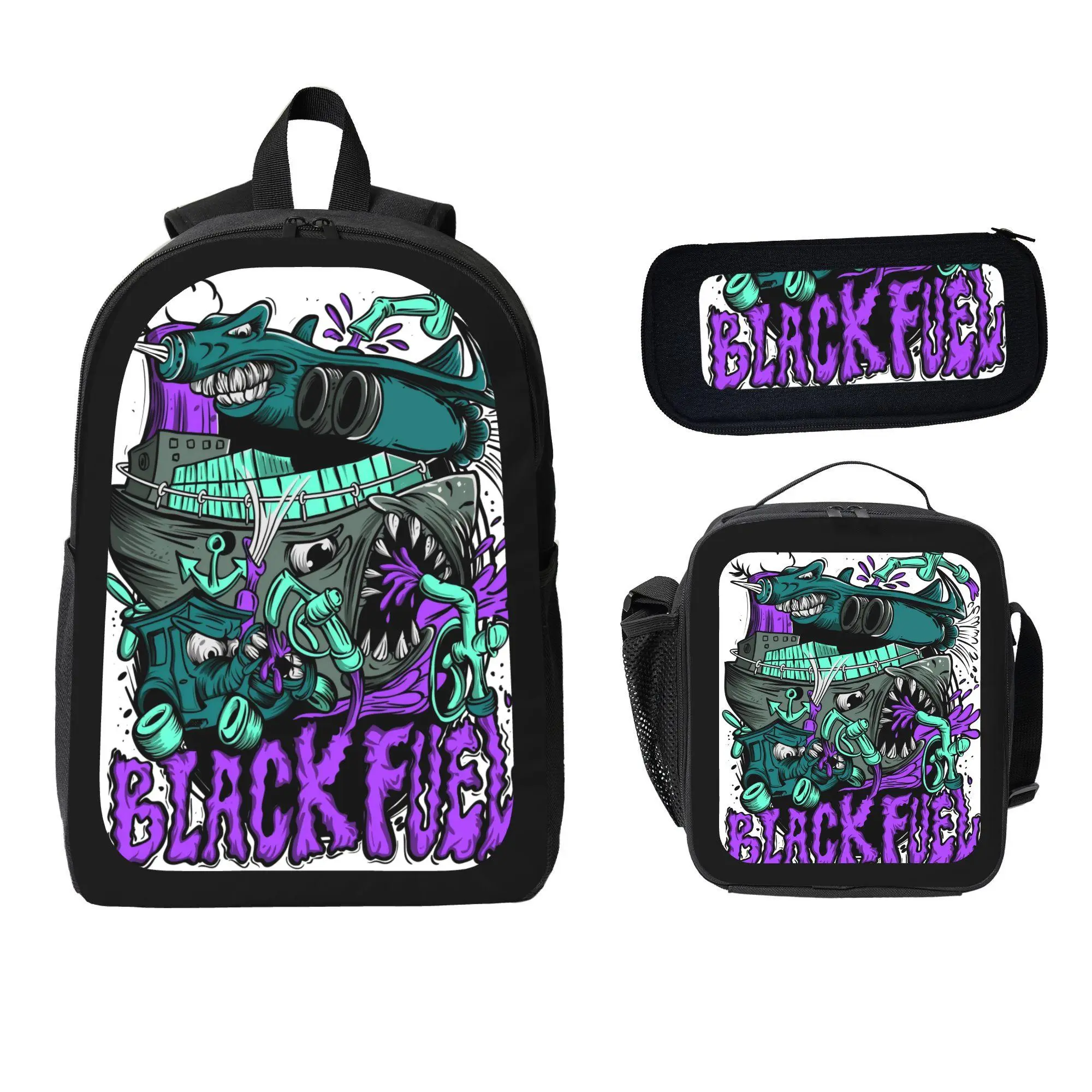 Black 3-Piece Punk Mecha Backpack Set - Retro Mechanical Elements, Fuel Lettering, Student Daily Use, Individualized & Practical Functional Backpack