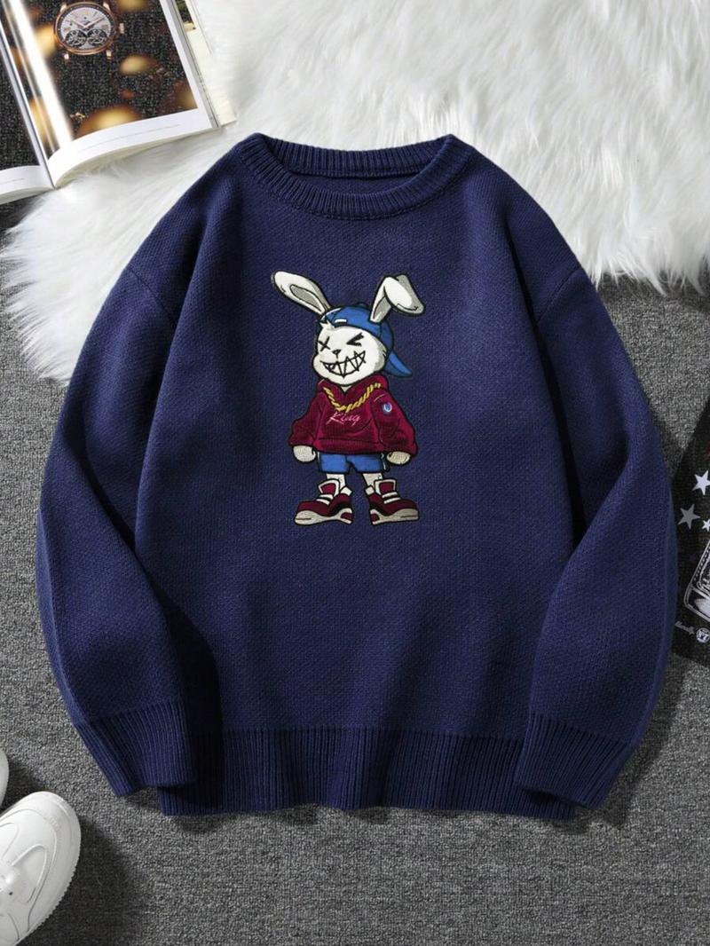 Cartoon Bear Detail Crew Neck Sweater, Casual Loose Long Sleeve Jumper for Fall & Winter, Fashion Ladies' Knitwear for Daily Wear