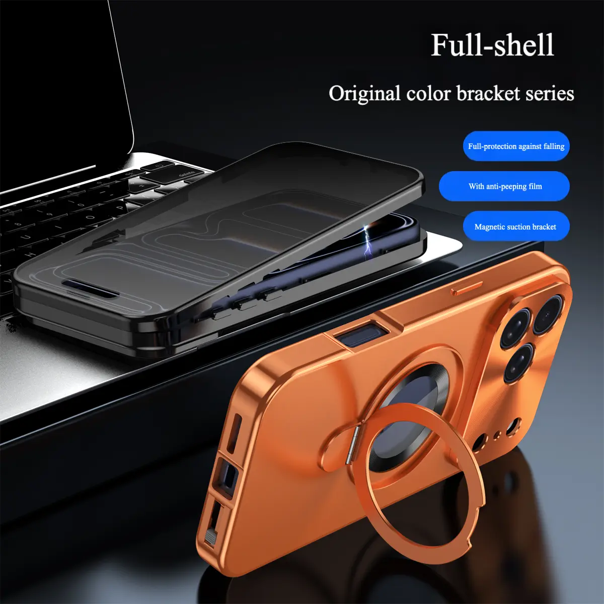 Full Body Privacy Case with Magnetic Ring Kickstand & Built-in Screen Protector, Titanium Metallic Shockproof Bumper Cover for iPhone 17 16 15 Pro Max 14 13