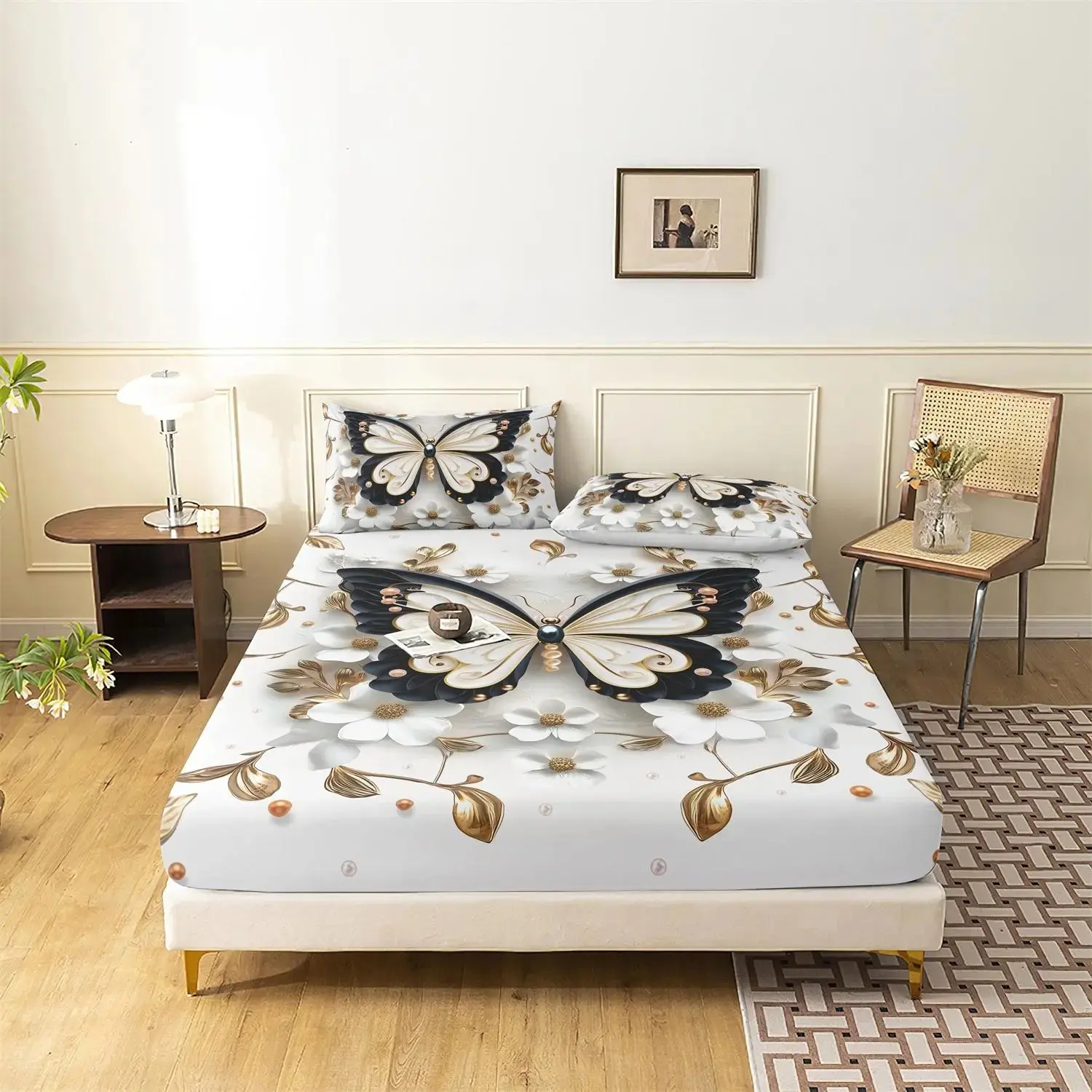 3 pieces of white gold butterfly print bed cover set, Butterfly Decorative Bedding Set, consisting of 1 bed cover and 2 pillow covers, does not include the pillow core, multiple sizes available, suitable for bedrooms, guest rooms
