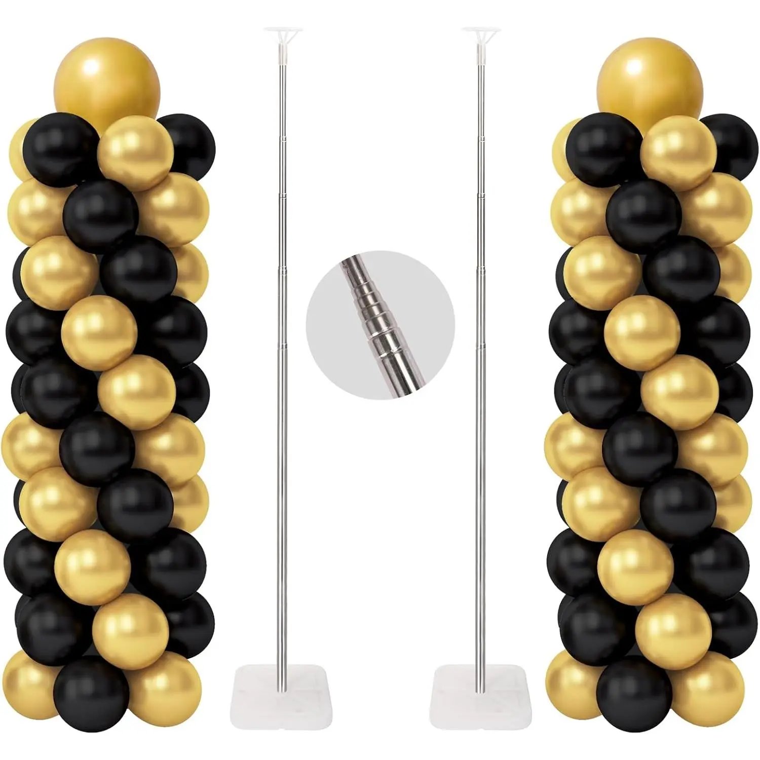 Sturdy Balloon Column Stand Kit - 2 Balloon Pillars with 2 Water/Sand-Fillable Bases, 6.6ft Adjustable Height Metal Poles, Event Display for Birthday, Gender Reveal Showers (White & Silver Festive Supplies)