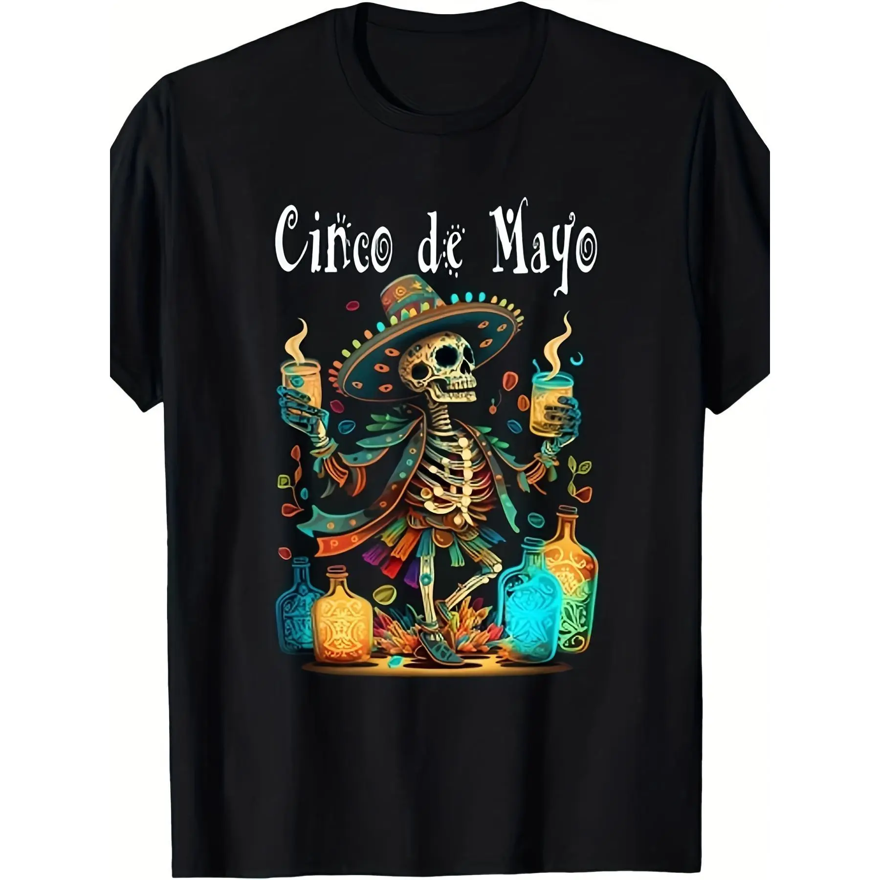 Men's Casual Basics Short-Sleeve Round-Neck Tshirt - Mexican Fiesta Cinco de Mayo Tee with Retro Sombrero & Maracas Graphic, Unisex Menswear Attire for Celebrations, Shortsleeve, Double Stitching, Fiesta Graphic, Hd Prints, True Us Sizes, Top, Fiesta Them