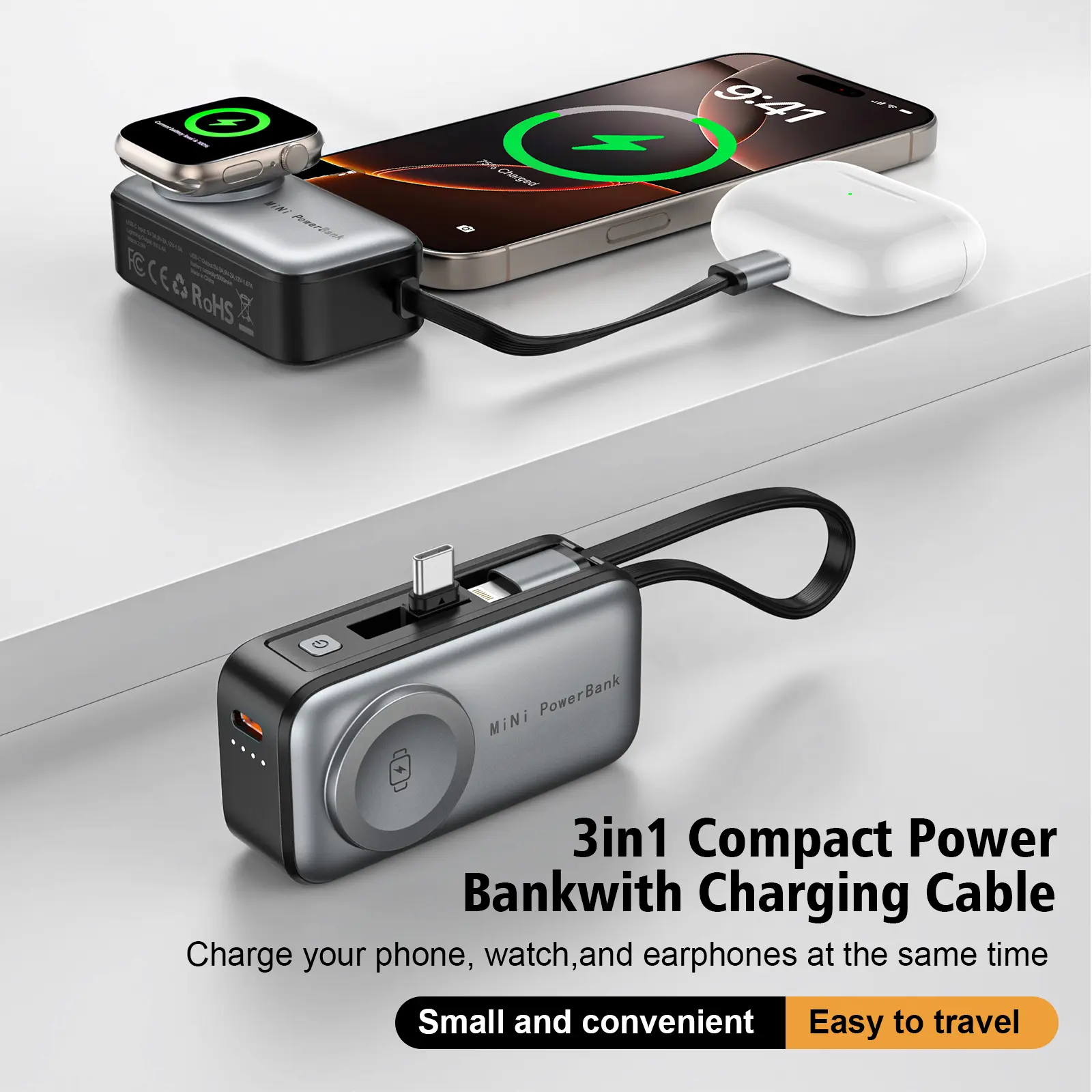 Portable Wireless Charger, 5000mAh Rechargeable Power Bank for Apple Watch Series 3–10, SE & Ultra, USB-C Input & Output Fast Charging Battery Pack, Compatible with iPhone 16/15 & Galaxy, Smartwatch Accessories #GLOBAL PICKS