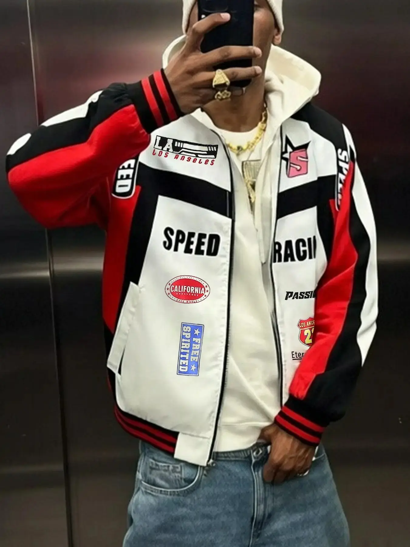 Men's Patchwork Racing Jacket, Badge Print Motorcycle Baseball, Fashion Casual Sport Coat, School Team Uniform, Streetwear, Daily Wear