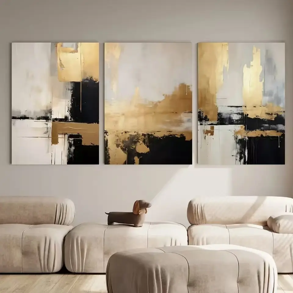 3pcs Frameless Retro Abstract Art Nordic Minimalism Beige Black Gold Mixed Hanging Painting Creative Canvas Painting Wall Living Room Decoration