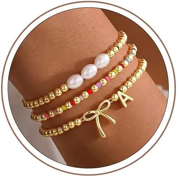 Initial A-Z Beaded Bow Bracelets for Teen Girl Women Gifts | Initial Letter A-Z Bracelets, Colorful Beaded Bow, Dainty 14K  Plated, Bracelet Set Birthday Gifts for Women Teen Girls
