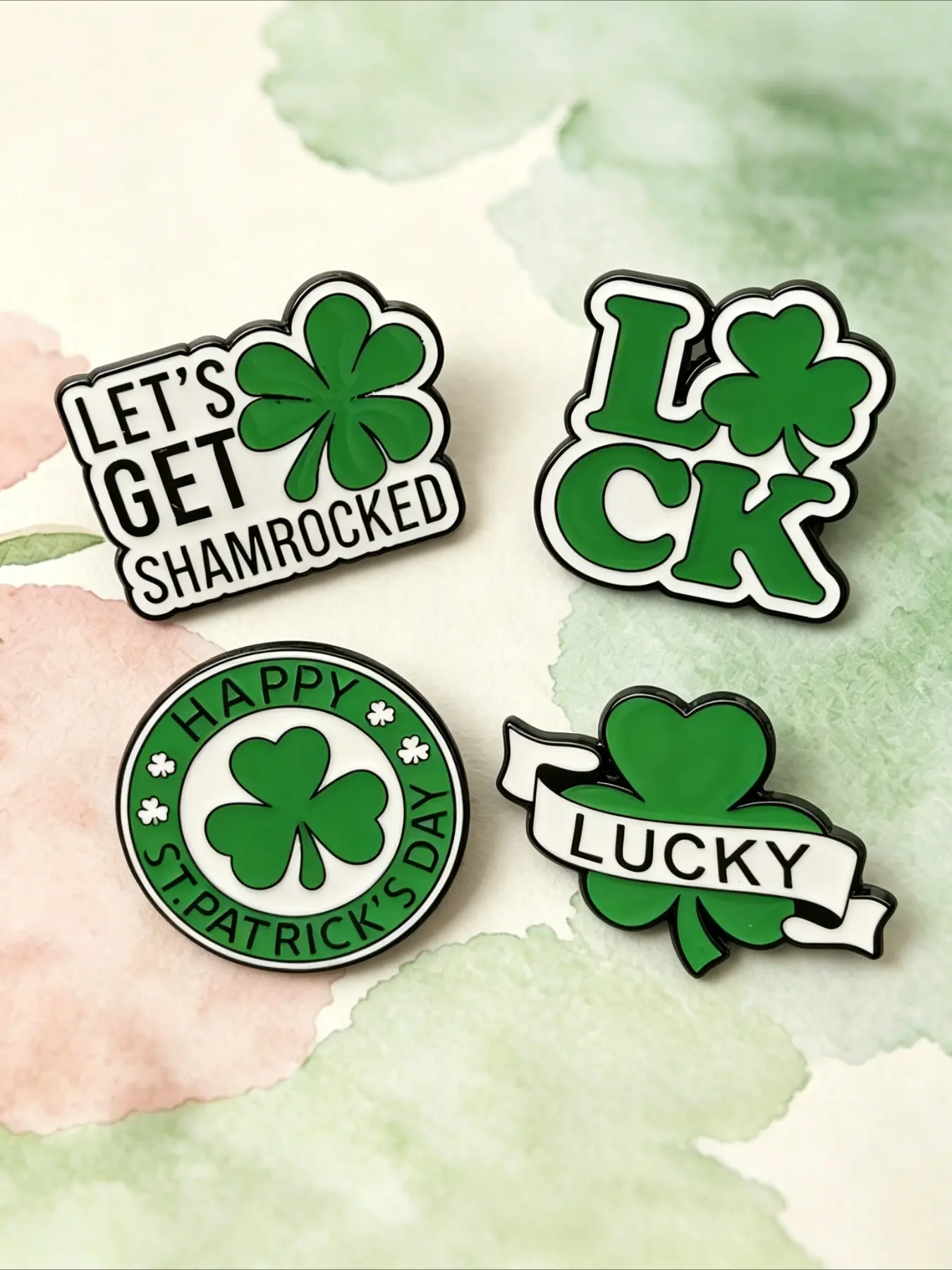 4Pcs Green LUCKY Shamrock Enamel Pin Set, St. Patrick's Day Three Leaf Clover Lapel Badge Brooch for Clothing Backpack Hat, Irish Lucky Charm Gift