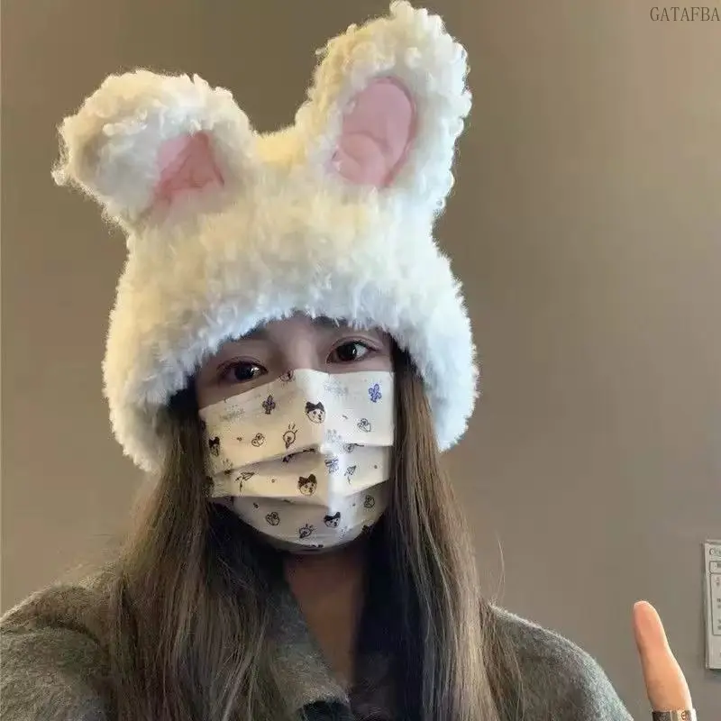 Cute Funny Plush Hat With Long Rabbit Ears, Large Size Warm Knitted Beanie for Women in Autumn and Winter