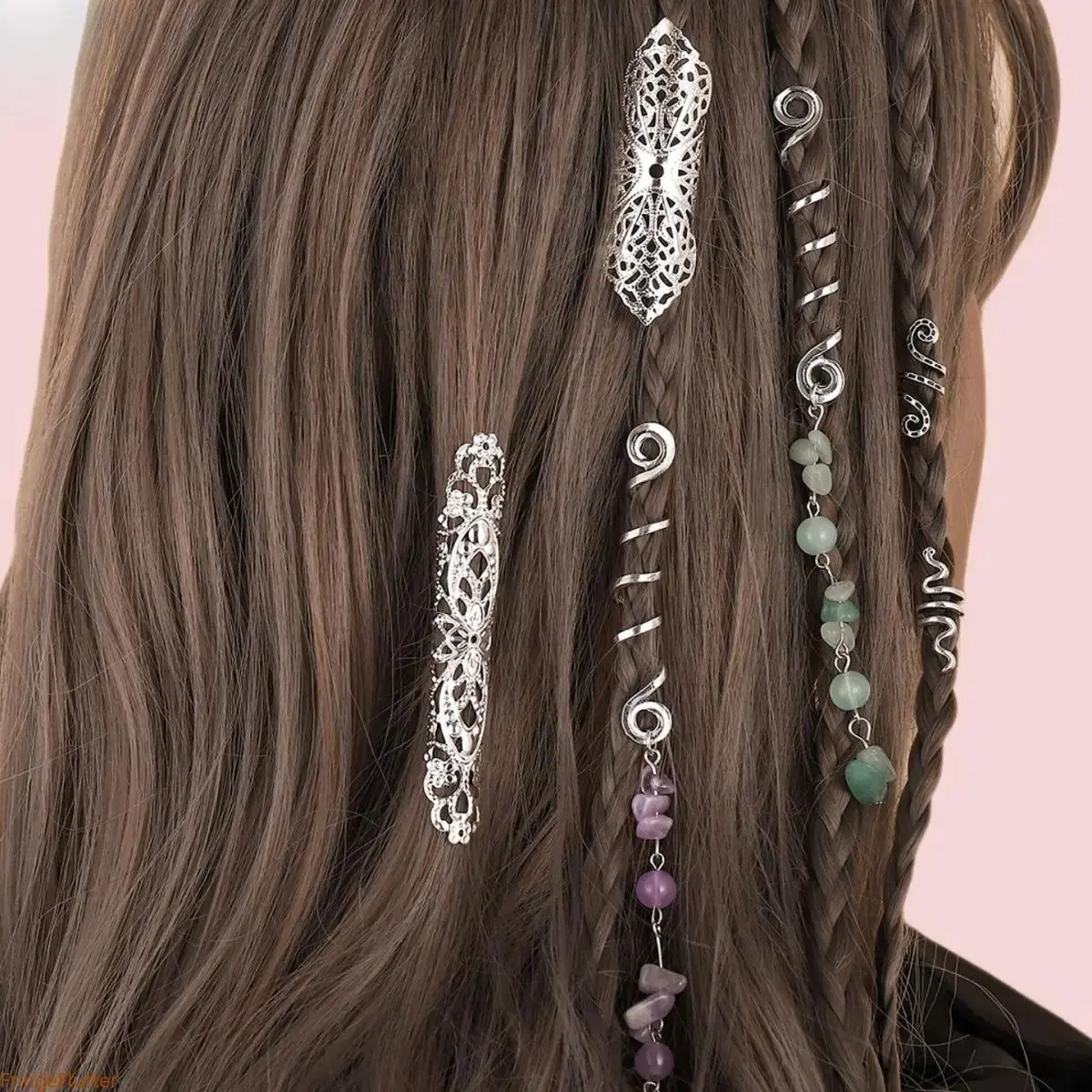20Pcs Boho Dreadlock Hair Accessory Set, Silver Spiral Hair Cuffs, Natural Crystal Filigree Bead Charms, Ethnic Hair Rings for Braids Twists Ponytails