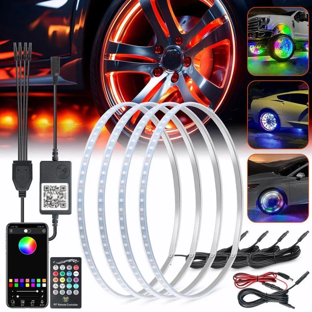 15'' RGB Car Truck Wheel LED Rim Lights Kit (4-Piece), 12V APP Bluetooth & Remote Control, 16M Colors, 23 Modes, Waterproof, Easy Installation for Vehicles
