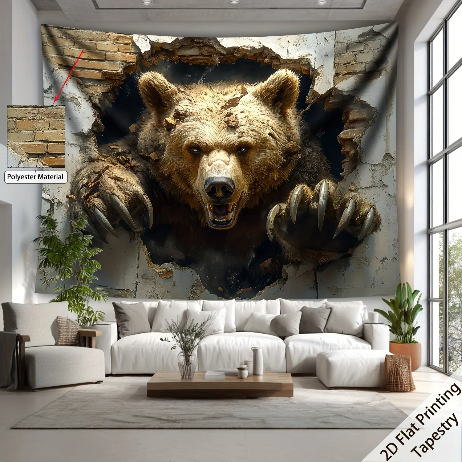 3D Break Through Brick Wall Ferocious Brown Bear Tapestry Large Polyester Wall Hanging Realistic Wildlife Animal Backdrop For Living Room Cabin Farmhouse Rustic Home Decor