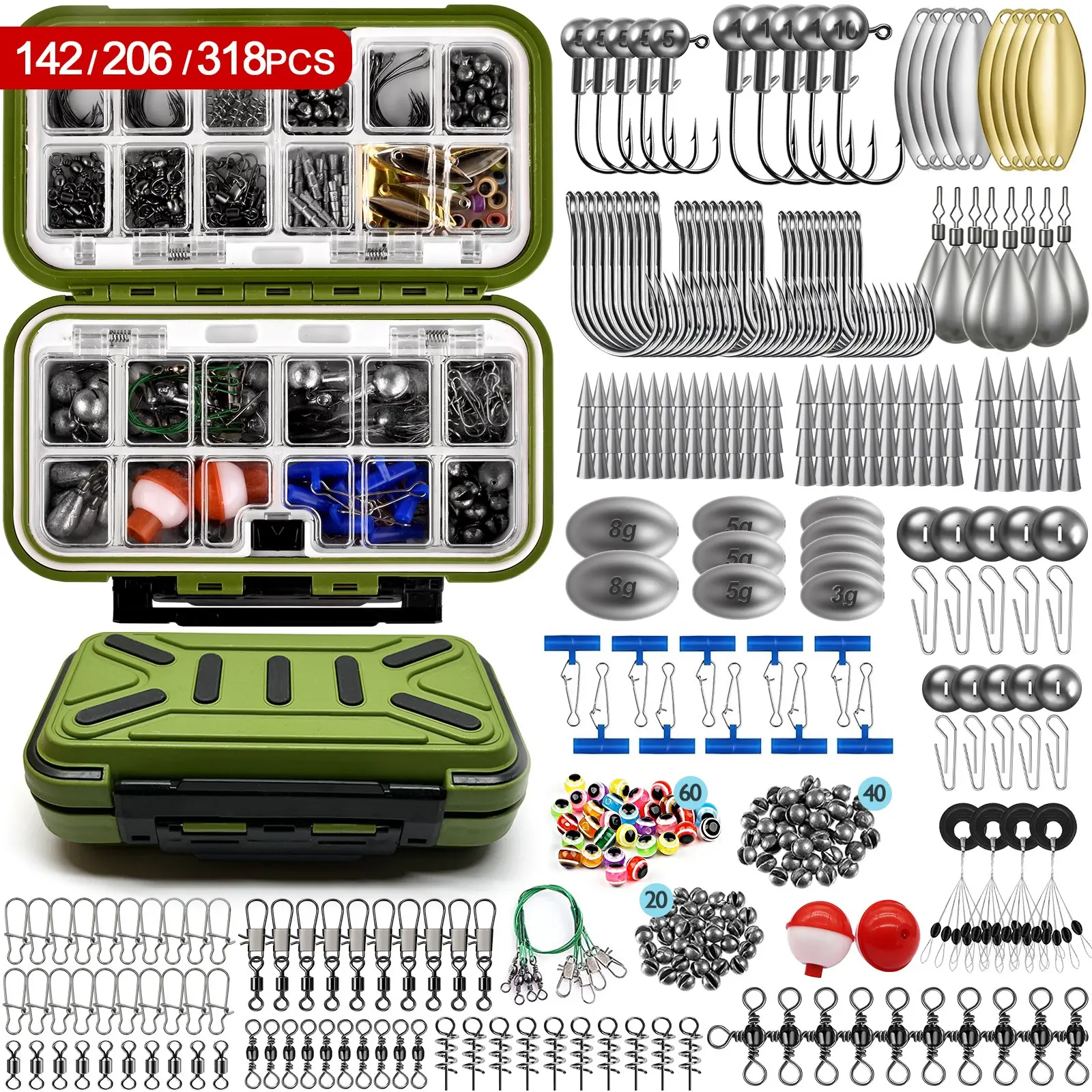 142/206/318pcs Fishing Accessories Kit, Organized Tackle Box, Fishing Weights, Jig Hooks, Swivels, Beads, Fishing Gear Set for Men, Fishing Tackle Organizer, Fishing Supplies