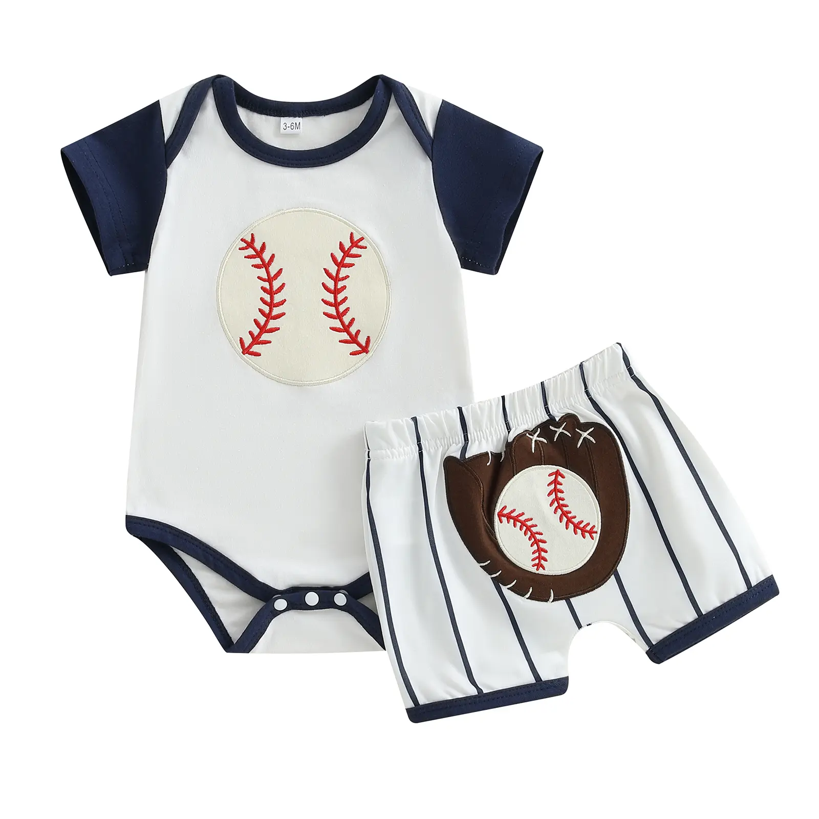 Canrulo Newborn Baby Boy Baseball Outfit Baseball Embroidery Short Sleeve Romper Stripe Shorts Set Infant Summer Clothes 0-18M