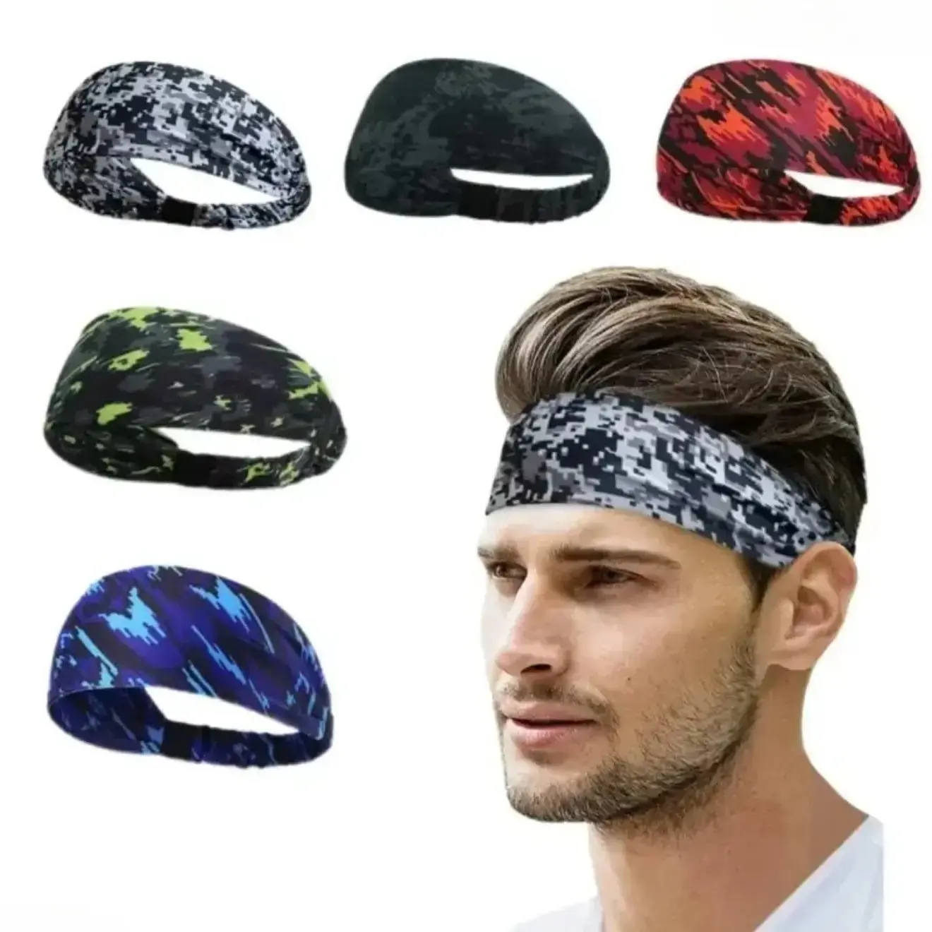 Unisex 5-Pack Camo Sports Headbands, Moisture-Wicking High-Elastic Non-Slip Wide Hair Bands, Breathable Stretch Accessories for Running, Yoga, Daily Active Wear