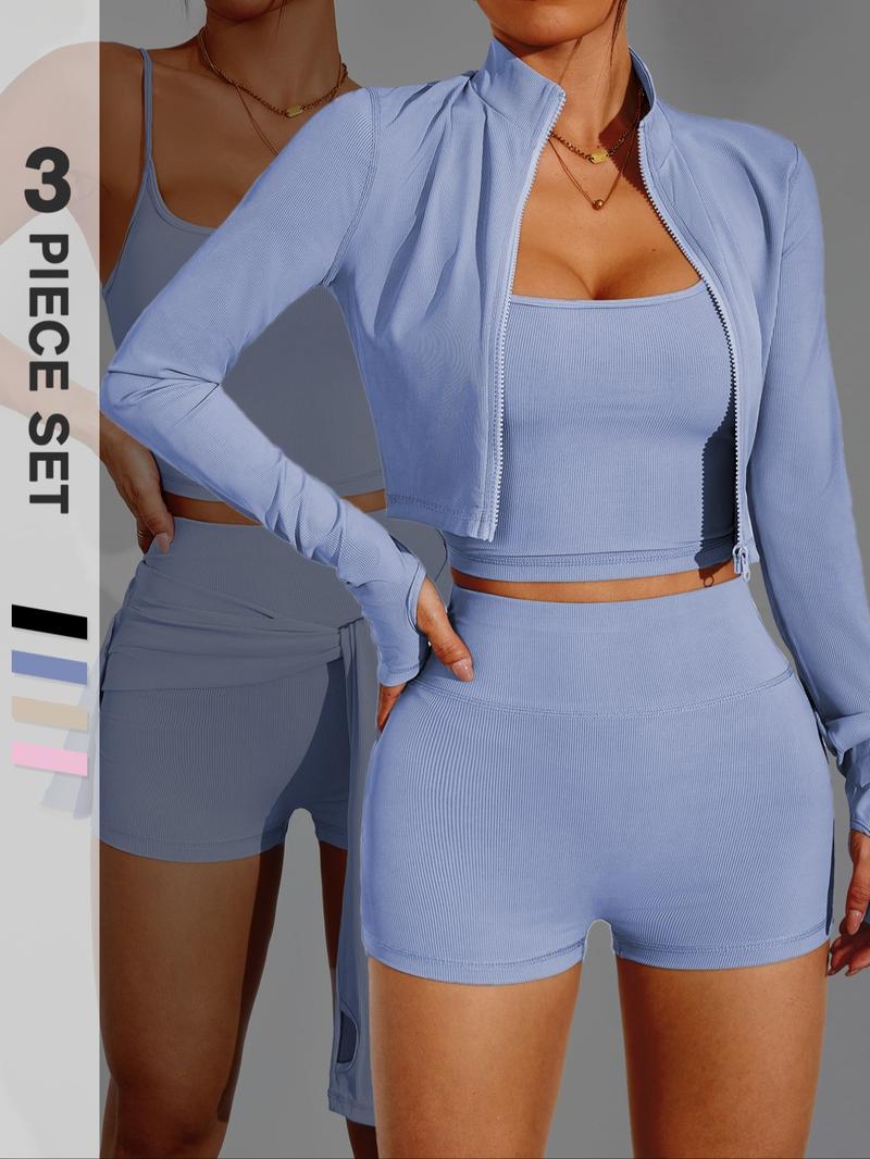 Three-Piece Set Women's Solid Crop Cami Top & High Waist Skinny Shorts & Long Sleeve Thumb Hole Zip Up Stand Collar Jacket Set, Slim-fitting Sporty Tummy Control Butt Lifting Sportswear Set for Yoga Gym Workout Running, Workout Running Clothes