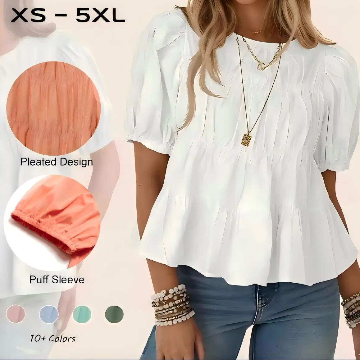 TANKANEO Lady's XS-5L Puff Sleeve Peplum Babydoll Blouse - Seamless Smoked Pleated Cotton Fabric Top, Breathable Casual Loose Flowy T-Shirt for Summer Beach, Evening Skirt Pairing