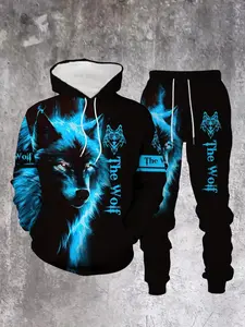 Men's Dark Blue Ice Wolf King Hoodie Set, American Street Style, Loose Fit, Long Sleeve, Geometric Pattern, All Seasons