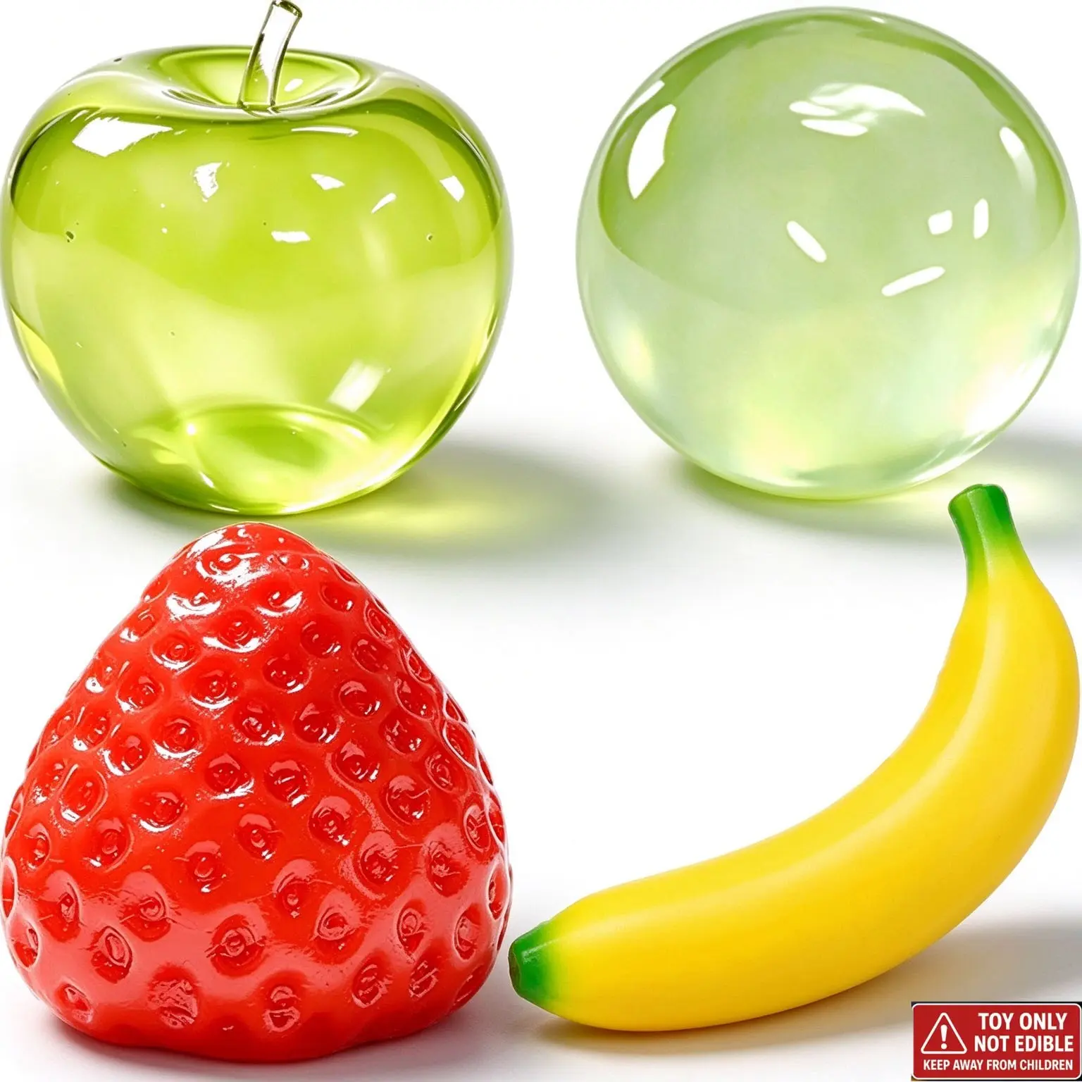 4 Pack Stress Relief Toy Squishy - Banana, Strawberry, Apple, Round ball Squishy, Slow Rising Squeezee Stress Ball for Adults Kids Anxiety Relief Birthday Party Favors