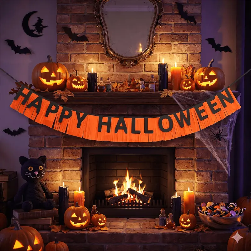 Orange Paper Fringe Happy Halloween Banner, Black Letter Halloween Tassel Garland, Indoor Wall Fireplace Window Hanging Decor for Halloween Party Home Decorations