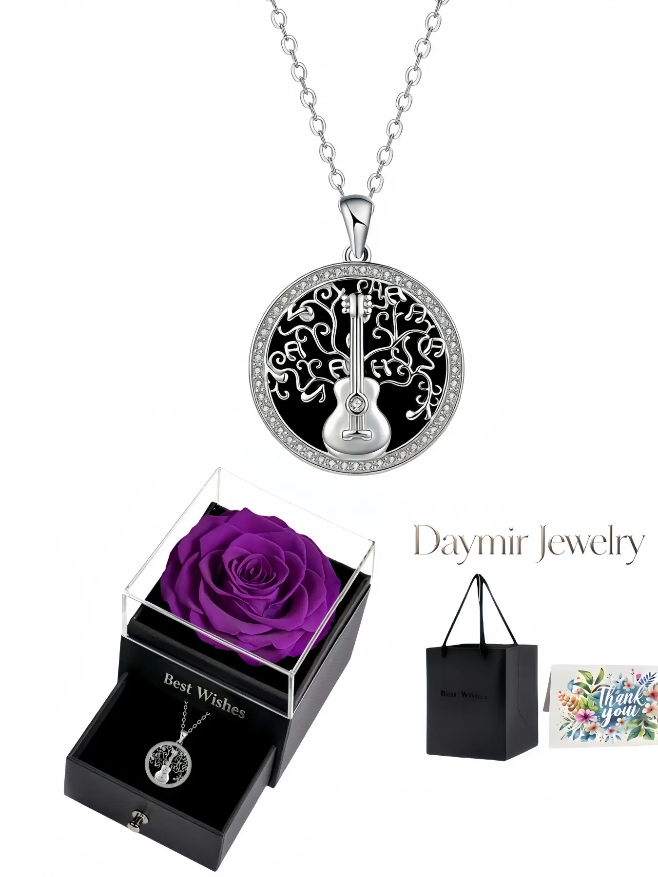 Unique resin violin music‑tree rhinestone pendant necklace, paired with purple preserved rose jewellery box, ideal holiday gift for birthdays, Mother’s Day, Valentine’s Day and Christmas