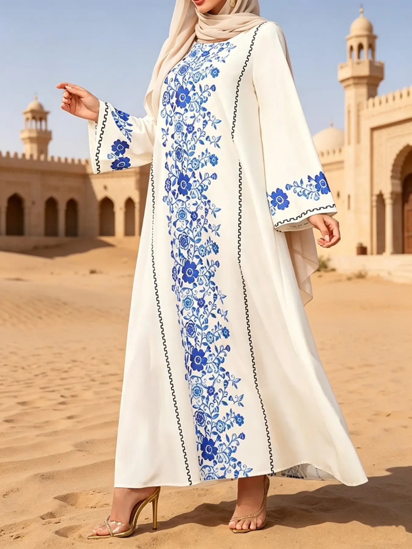 Women off Blue Floral Print Long Sleeve Loose Fit Abaya Kaftan, Elegant Middle Eastern Modest Style, Lightweight Flowy Fabric, Perfect for Ramadan
