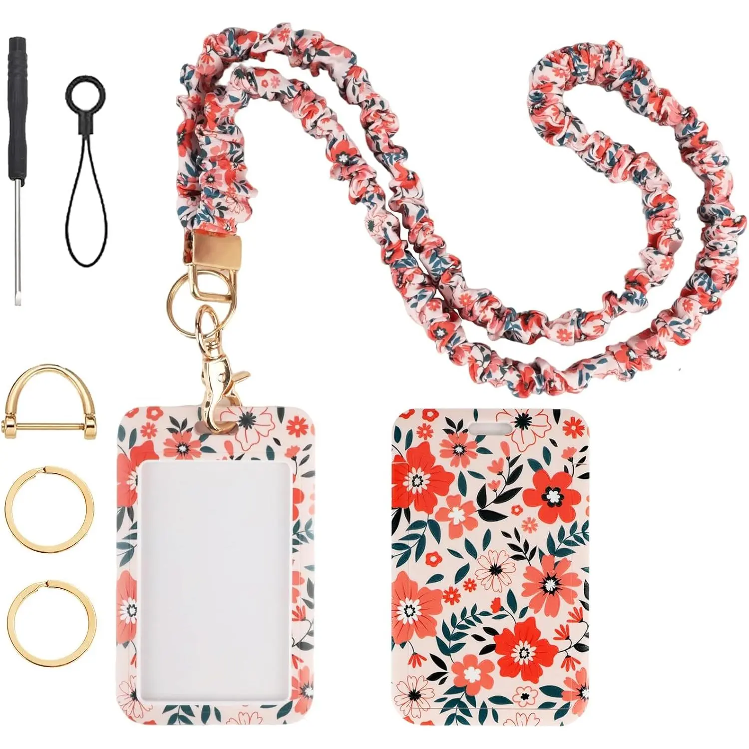 Scrunchie Lanyard Breakaway with ID Badge Holder - Floral Style Stretchy Lanyards with ID Badges and Key Rings Set, Ideal for Mother's Day, Birthday, Women Teachers Nurse Gifts