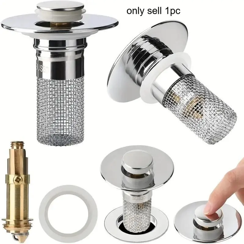 Universal Stainless Steel Bathroom Sink Plug Pop-Up Drain Filter, Anti-Clog Insect-Proof Hand Basin Strainer, Hair Stopper, Essential Plumbing Accessory, Bathroom Accessories