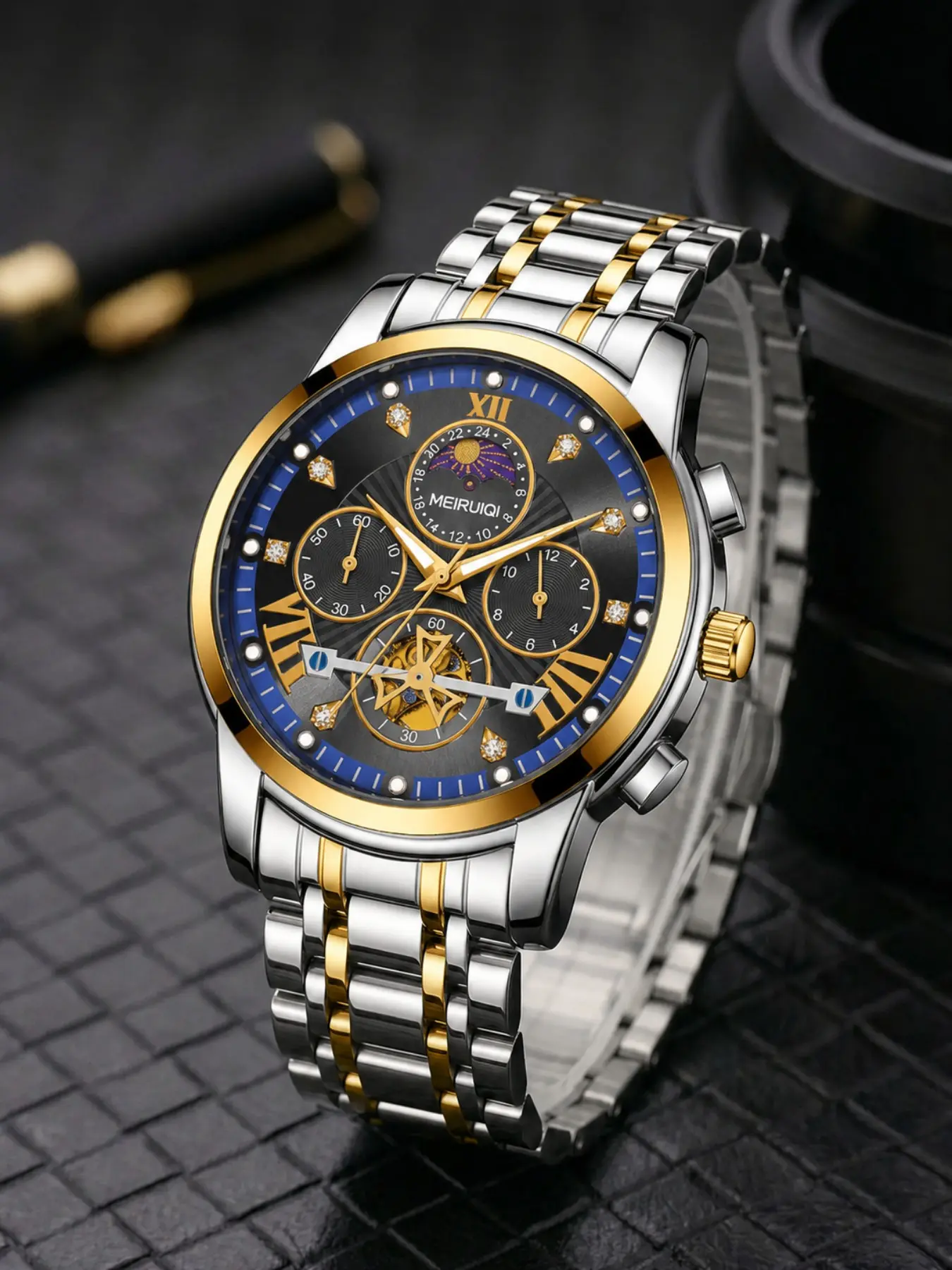 Men's Gold Tone Case Blue Dial Quartz Watch, Stainless Steel Strap, Roman Numerals, Business Style, Fashionable and Elegant, Business Quartz Watches