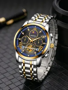 Men's Gold Tone Case Blue Dial Quartz Watch, Stainless Steel Strap, Roman Numerals, Business Style, Fashionable and Elegant, Business Quartz Watches