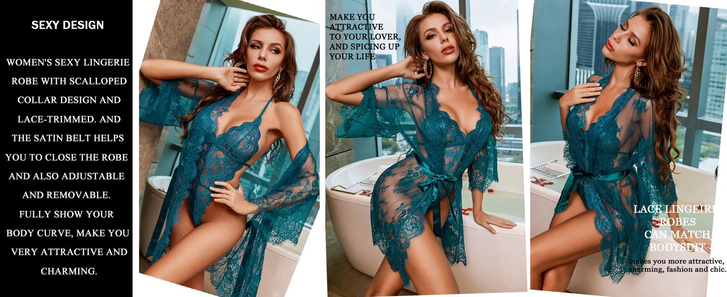 Women's lace kimono robe doll underwear mesh pajamas