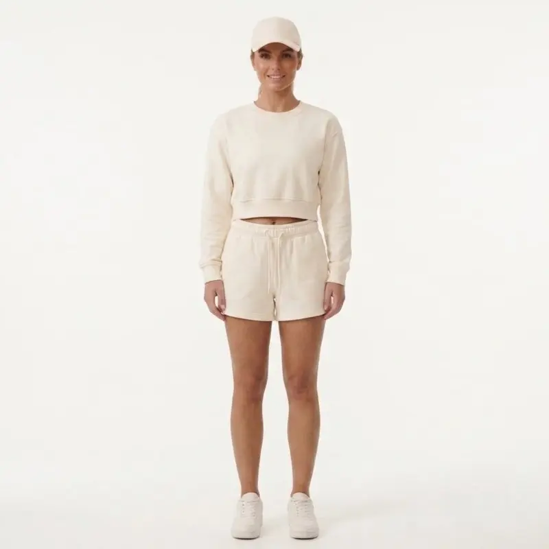New Spring/Summer Women's Cloth Short Crew Neck Long-Sleeved Sweatshirt + Drawstring Shorts Set