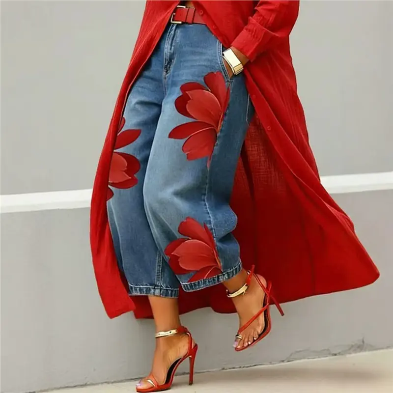 Women Floral Print Wide Leg Denim Pants Casual Loose Cropped Jeans