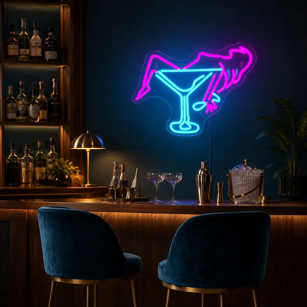 1pc Girl Cocktail Neon Sign, Rose Red Ice Blue LED Neon Light with Clear Acrylic Backing, Martini Glass Bar Wall Decor for Home Bar, Man Cave, Game Room, Cocktail Lounge, Birthday & Bachelorette Party Gift