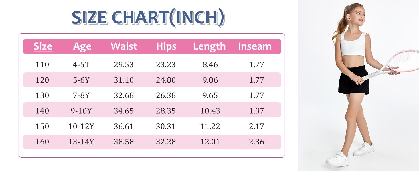 Girls Athletic Shorts High Waist Elastic 2 in 1 Running Shorts with Side Pockets 5-14 Years