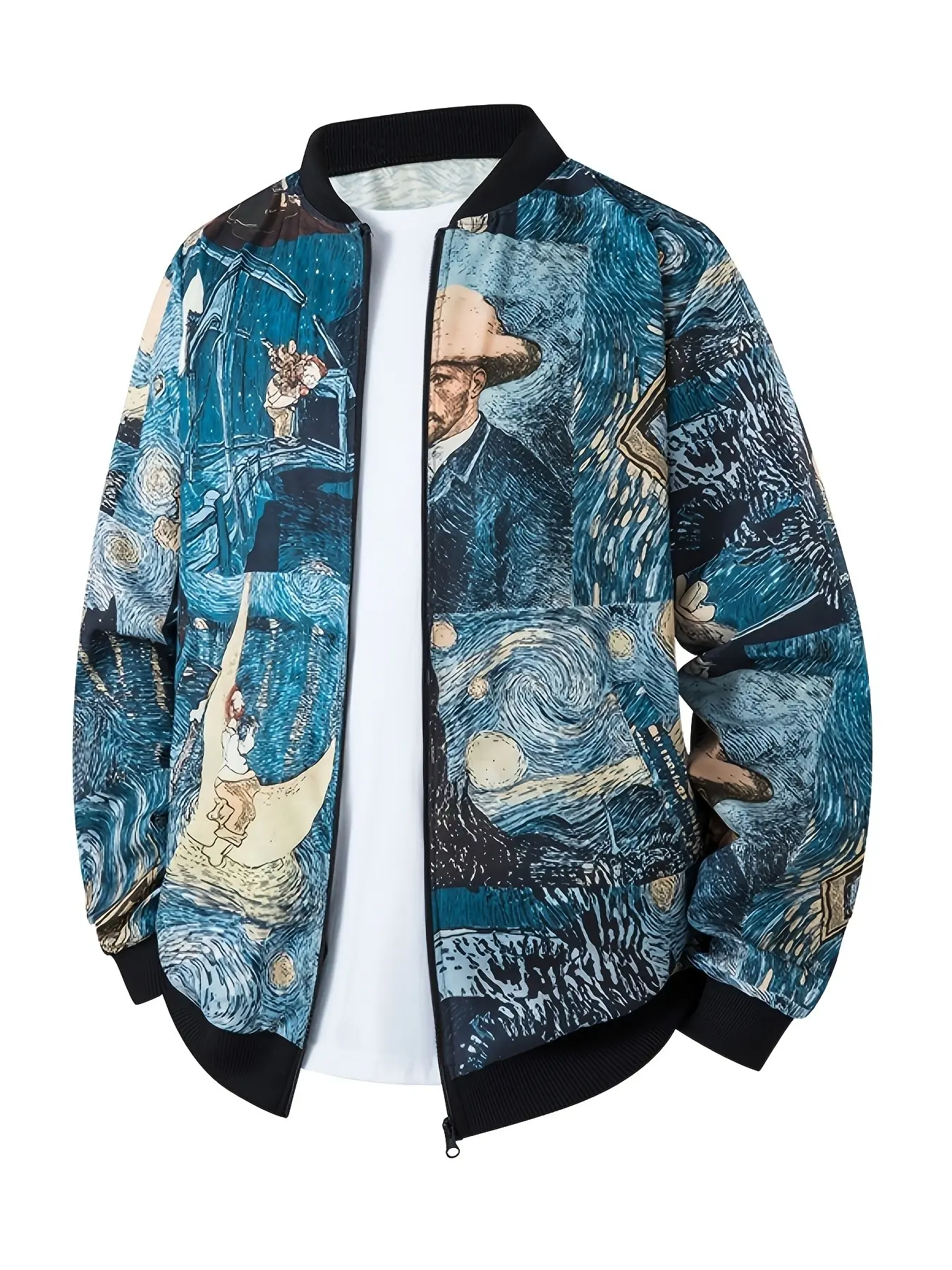 Van Gogh Starry Night Art Print Baseball Jacket, Men's Zipper Streetwear Coat, Casual Fashion Outerwear, Comfortable Breathable Fabric, Casual Loose-Fit