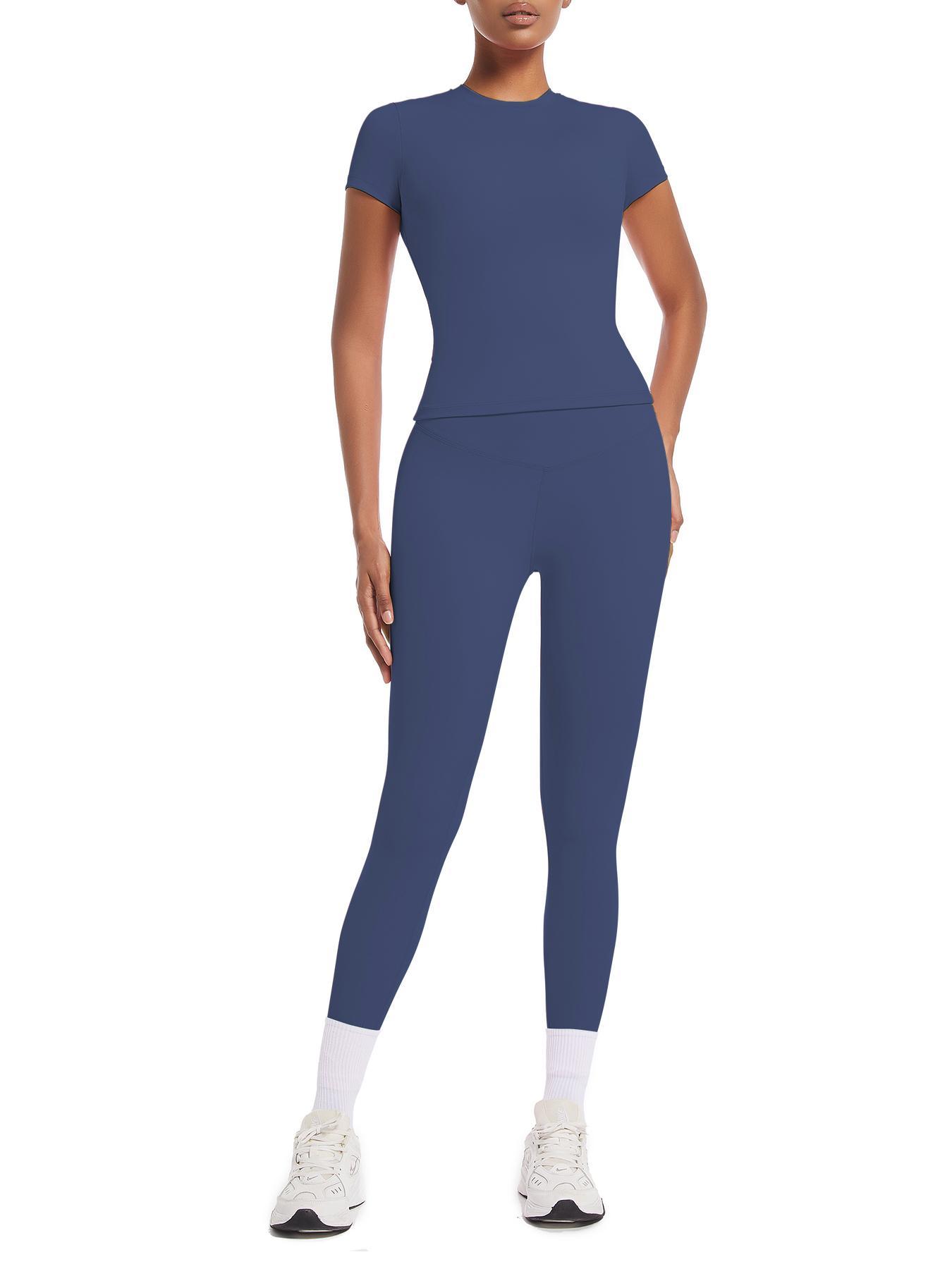 Women's Yoga 2-Piece Set, Breathable Short Sleeve Tee & High Waist Tight-Fit Pants, Sporty Style, All-Season Wear, Yoga Outfit Set, Casual Workout Loungewear
