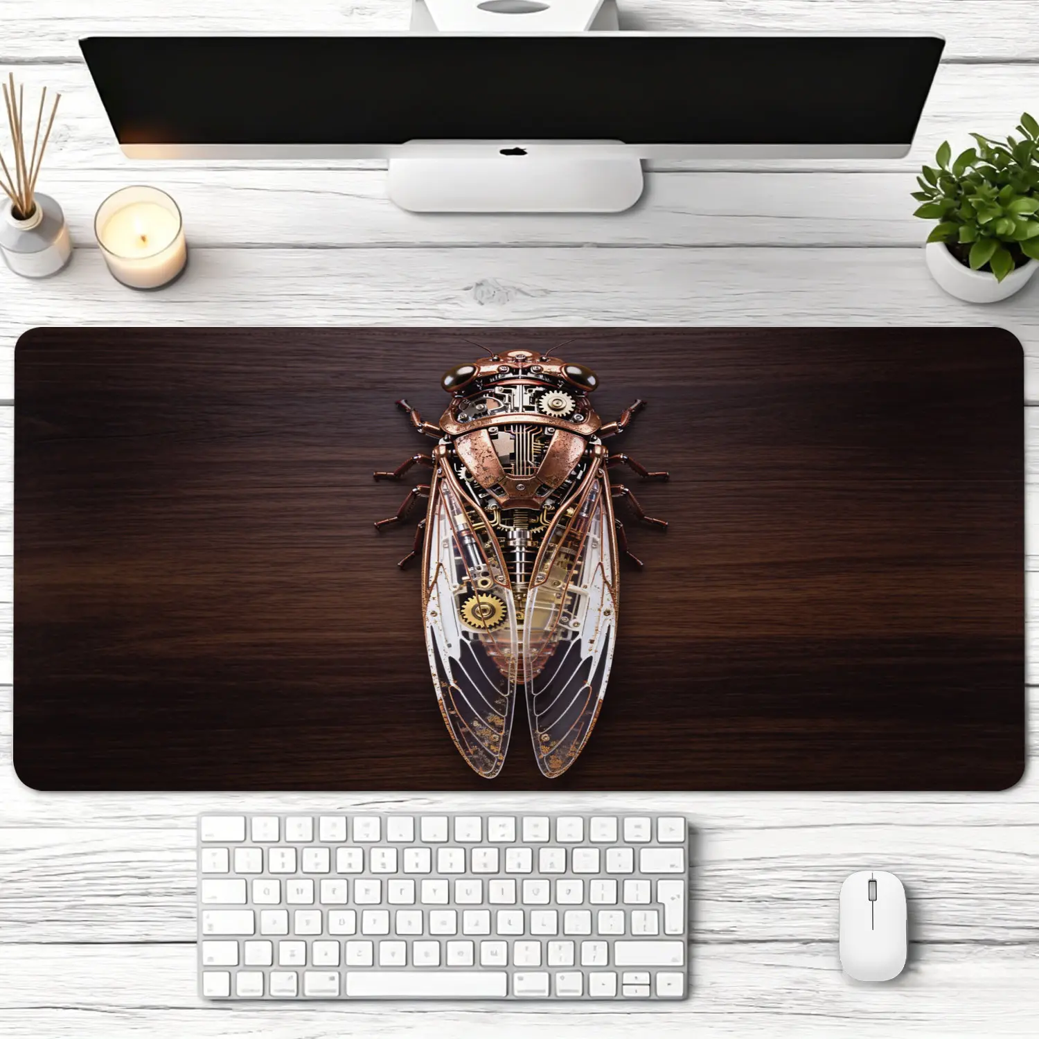 Steampunk Mechanical Cicada Insect Art Mouse Pad - Extra Large, Non-Slip Rubber Base, Locked Edge, Washable Mat, Multi-Size Pad, Precision Control, Desk Protection & Decoration, for Office Users, Premium Multipurpose Office Gaming Gift