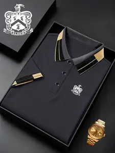 Men's Goat Badge Print Button Down Shirt, Elastic Casual Breathable Four Seasons Comfortable Durable High-End Polo Top