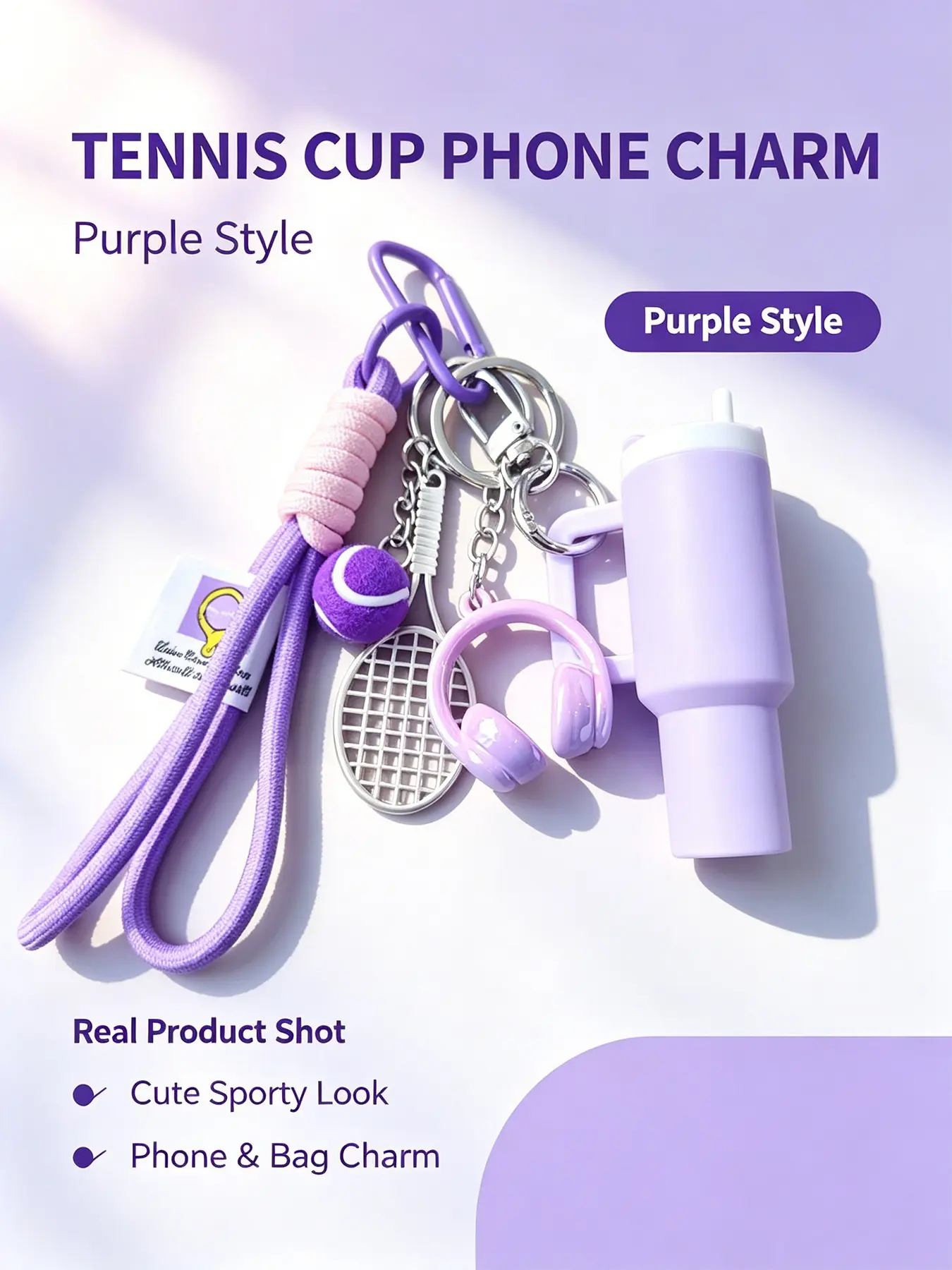 Tennis Mini Tumbler Keychain With Headphone Tennis Ball Silver Racket Charms Woven Lanyard Carabiner Bag Pendant, 3 Colors Matte Purple Matte Pink Gradient Metal Cup Aesthetic Sport Accessories Gift For Women Teen Girls Backpack Handbag Decor